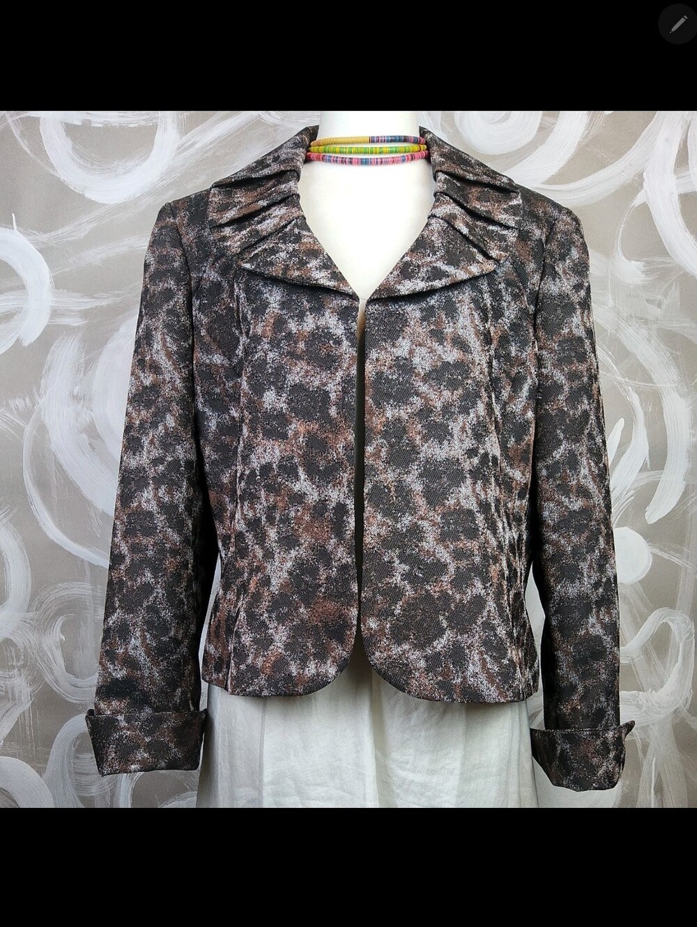 LE SUIT wmn 14 Charcoal Rust Grey Abstract Animal Print Short Jacket ClassicCore